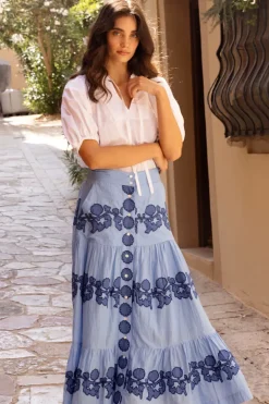 Button Front Skirt- Tangier Blue