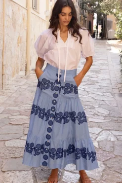 Button Front Skirt- Tangier Blue