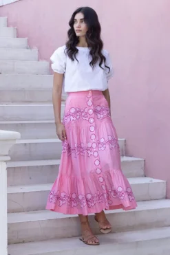 Button Front Skirt- Tangier Pink