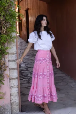 Button Front Skirt- Tangier Pink