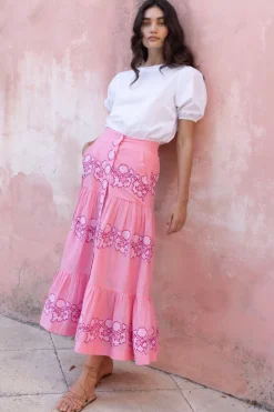 Button Front Skirt- Tangier Pink