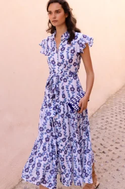 Ruffle Collar Button Maxi- Toscana Blue