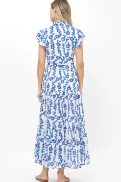 Ruffle Collar Button Maxi- Toscana Blue