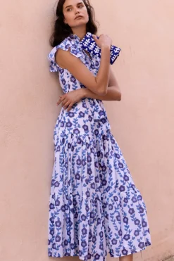 Ruffle Collar Button Maxi- Toscana Blue