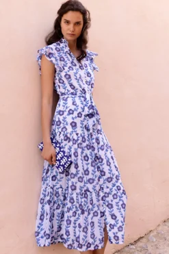 Ruffle Collar Button Maxi- Toscana Blue