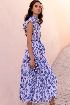 Ruffle Collar Button Maxi- Toscana Blue