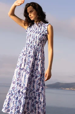 Sleeveless Smocked Maxi- Toscana Blue