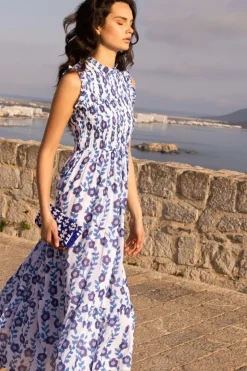 Sleeveless Smocked Maxi- Toscana Blue